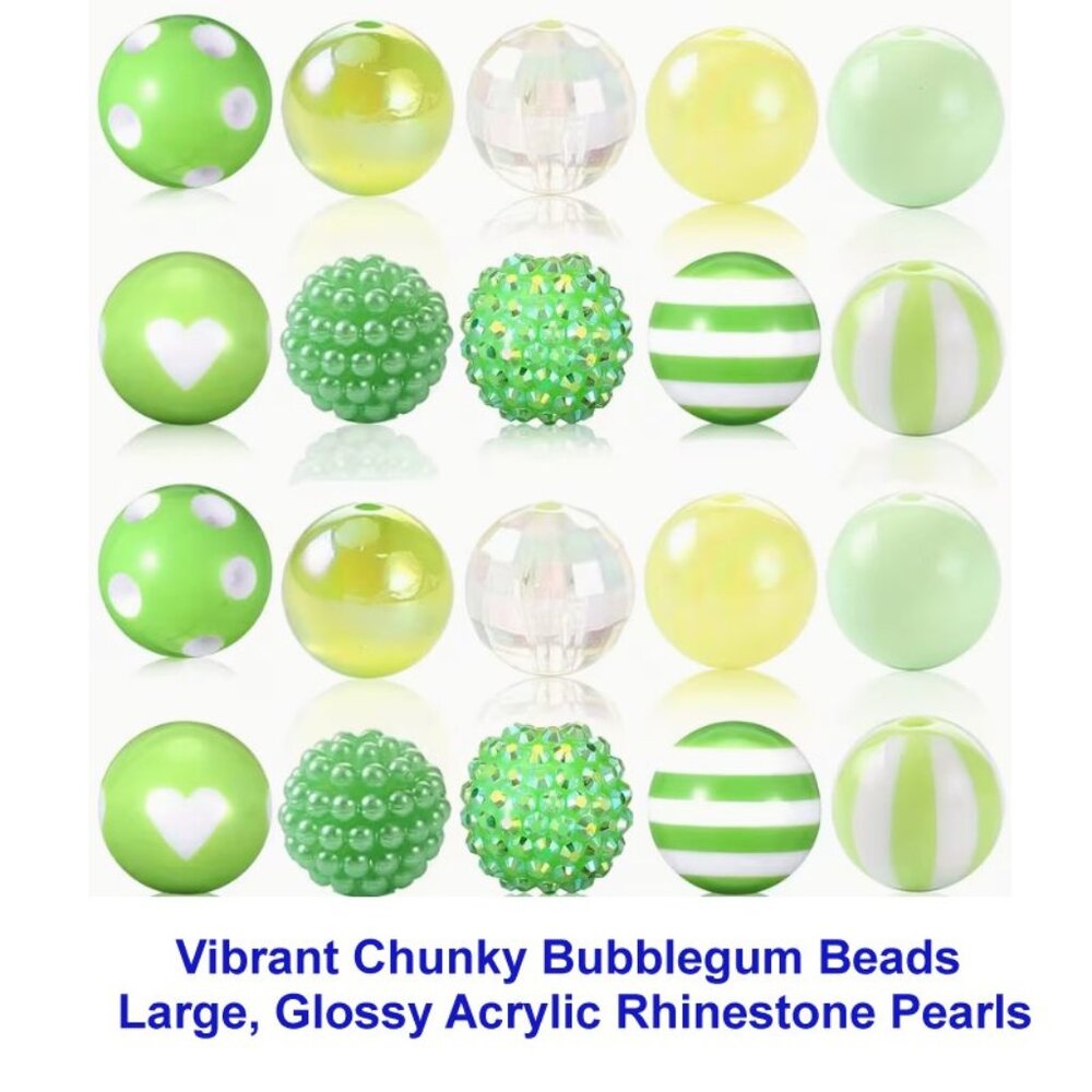 20 Vibrant Chunky Bubblegum Beads -  Glossy Acrylic Rhinestone Pearls Green